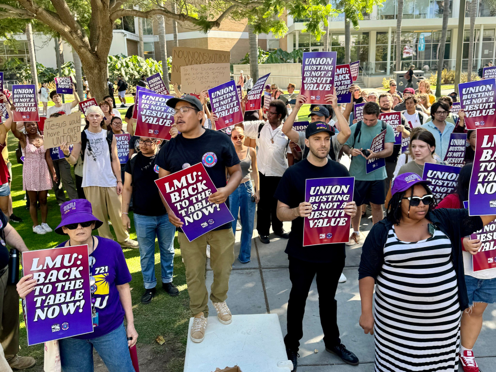 Protesters gathered Sept. 16 on the campus of Loyola Marymount University in Los Angeles, urging school officials not to dissolve the employee union. (Courtesy of SEIU Local 721/Emily Dorrel)