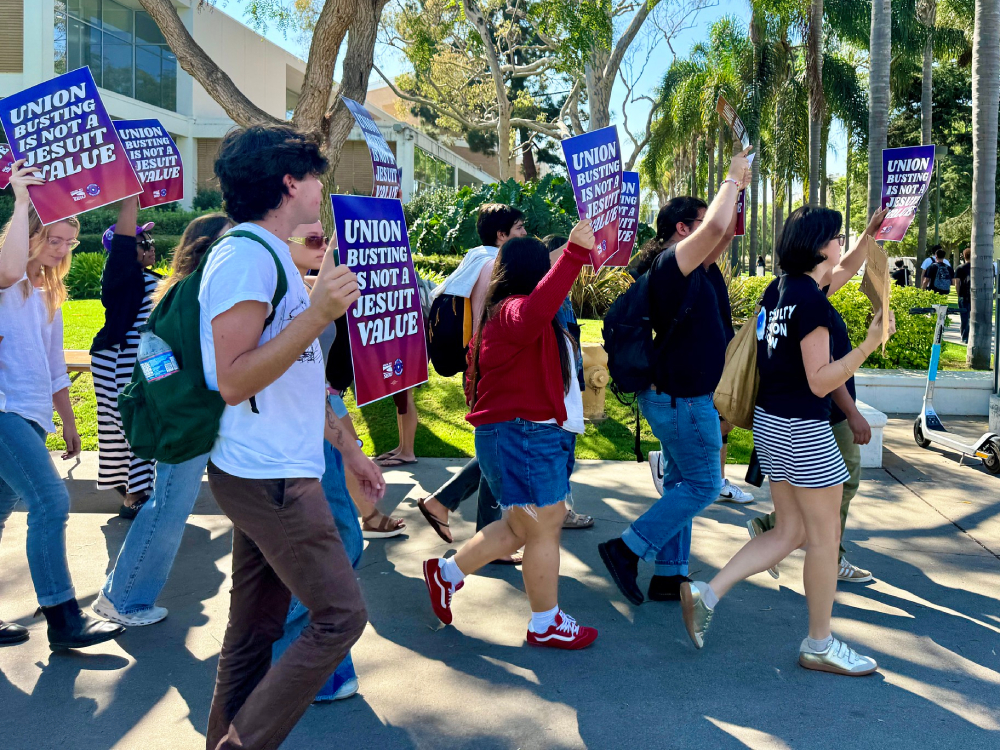 Protesters gathered Sept. 16 on the campus of Loyola Marymount University in Los Angeles, urging school officials not to dissolve the employee union. (Courtesy of SEIU Local 721/Emily Dorrel)