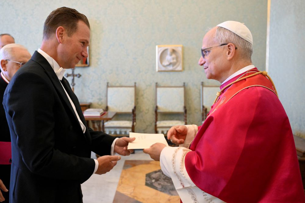Pope Leo XIV receives the letters of credential of Brian Burch as U.S. ambassador to the Holy See during an audience Sept. 13 in the Apostolic Palace at the Vatican. (CNS/Vatican Media)