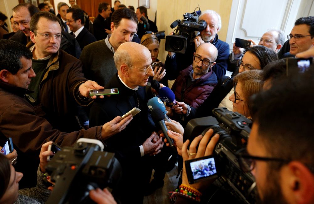 Msgr. Fernando Ocariz talks to the press. 