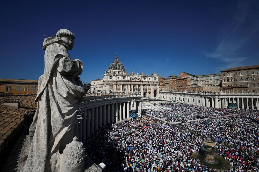 A crowd fills St. Peter's Square at the Vatican for the canonization Mass of Blessed Carlo Acutis and Blessed Pier Giorgio Frassati Sept. 7. (OSV News/Reuters/Guglielmo Mangiapane)