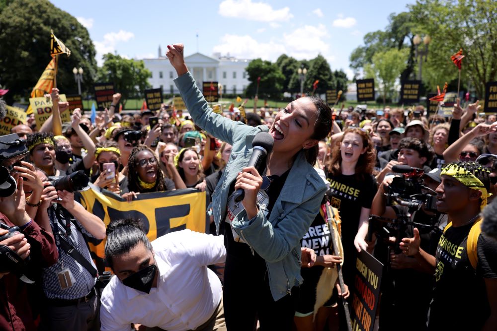 U.S. Rep. Alexandria Ocasio-Cortez, Democrat of N.Y., participates in a "No Climate, No Deal" demonstration outside the White House in Washington June 28, 2021. (CNS/Reuters/Evelyn Hockstein)