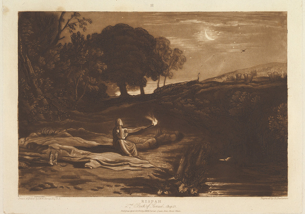 "Rispah, 2nd Book of Samuel, Chapter 21, part IX, plate 46" from "Liber Studiorum," ("Book of Studies") an April 23, 1812, British print designed, etched and published by Joseph Mallord William Turner, engraved by Robert Dunkarton (Courtesy of Metropolitan Museum of Art)