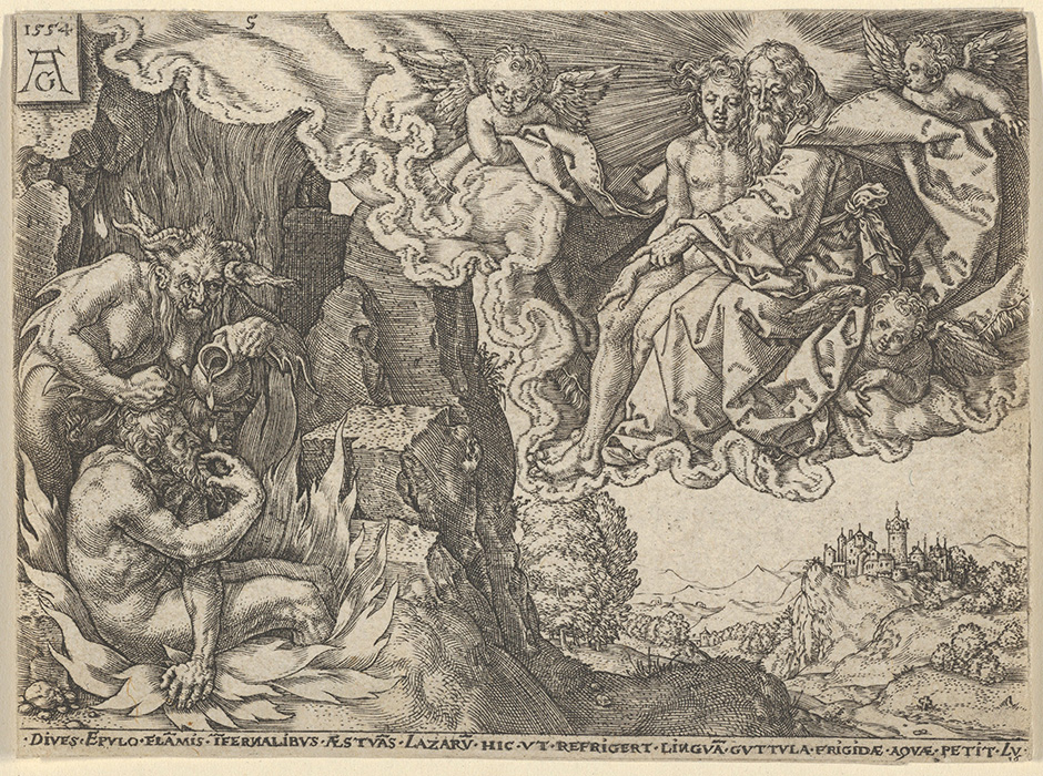"The Rich Man in Hell, Seeing Lazarus Embraced by Abraham," from "The Parable of the Rich Man and Lazarus," a 1554 engraving by Heinrich Aldegrever (Metropolitan Museum of Art)