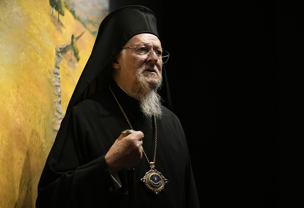 Ecumenical Patriarch Bartholomew, the spiritual leader of the world's Orthodox Christians, speaks at an event in Athens, Greece on May 8, 2025. (AP photo/Petros Giannakouris, File)