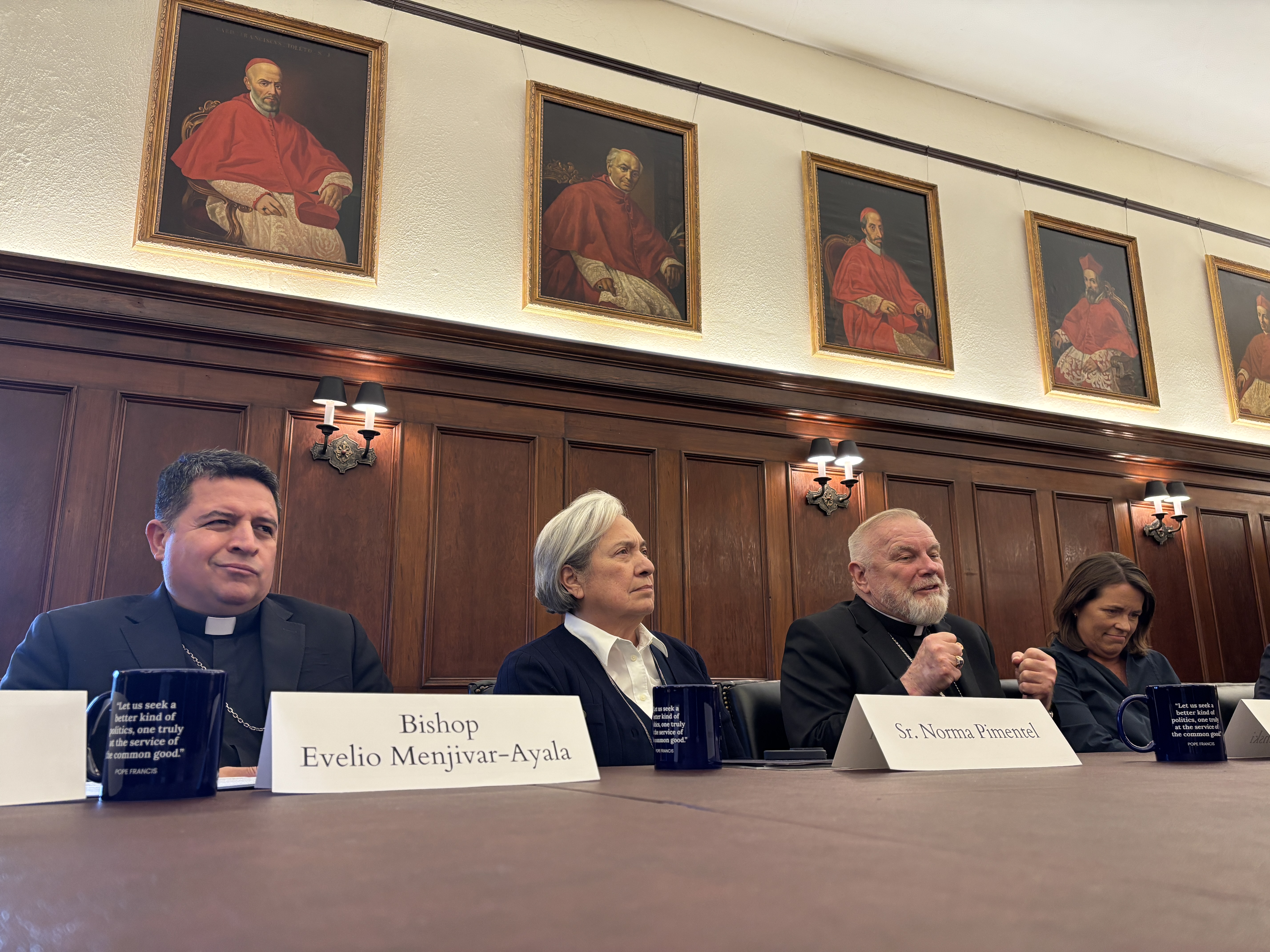 Miami, Florida, Archbishop Thomas Wenski, right, speaks alongside Sr. Norma Pimentel of Catholic Charities of the Rio Grande Valley and Washington Archdiocese Auxiliary Bishop Evelio Menjivar-Ayala at Georgetown University on Sept. 11, 2025. (NCR photo/James V. Grimaldi)