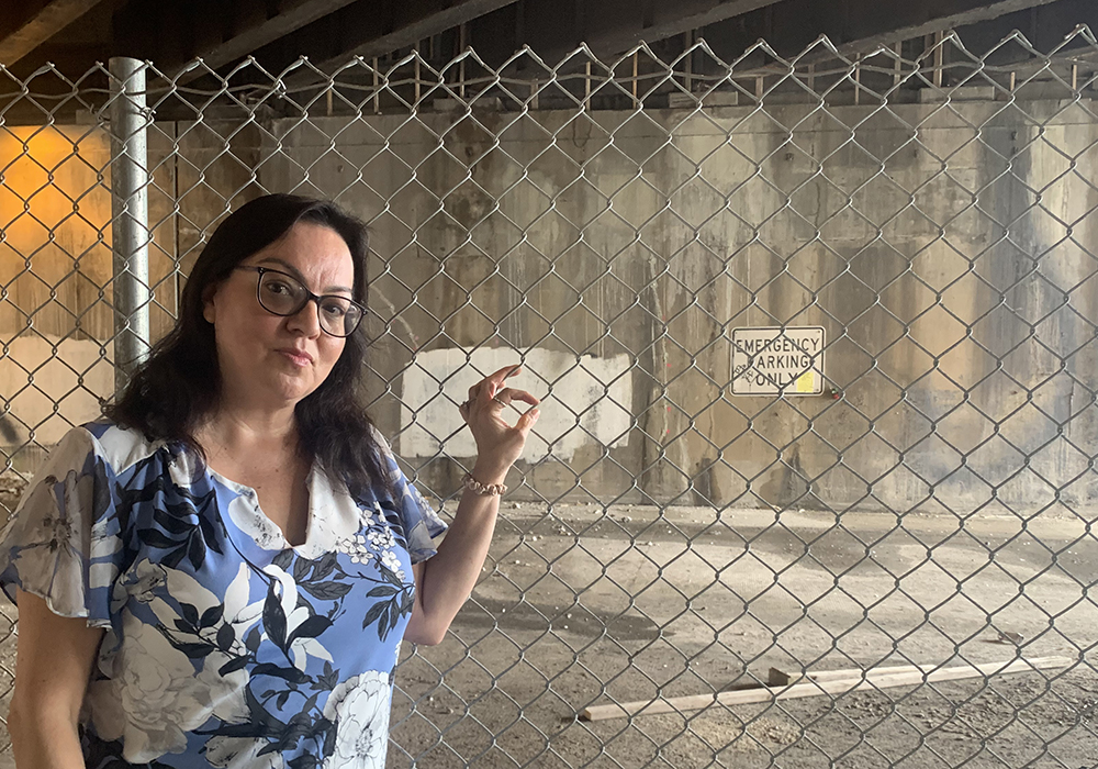Obdulia Delgado at the site on the Kennedy Expressway's Fullerton Avenue underpass where in 2005 she first spotted what she thinks is an image of the Virgin Mary (Chicago Sun-Times/Robert Herguth)