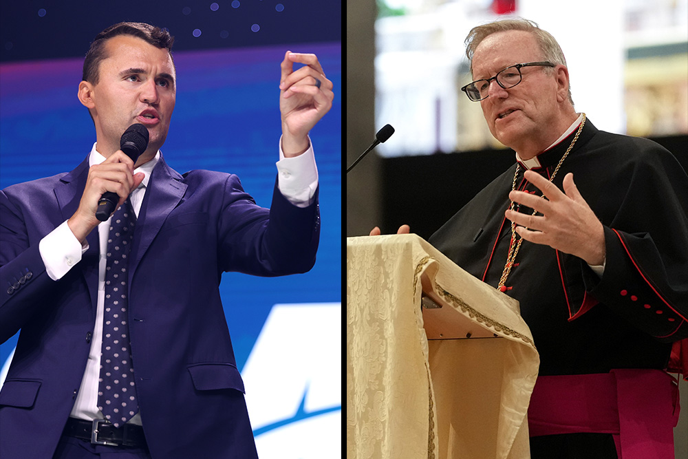 Left: Charlie Kirk speaks at the 2025 Student Action Summit in Tampa, Florida (Wikimedia Commons/Gage Skidmore). Right: Bishop Robert Barron speaks at the USA National Jubilee Pilgrim Gathering at the Basilica of St. Paul Outside the Walls in Rome July 30, 2025. (CNS/Lola Gomez)