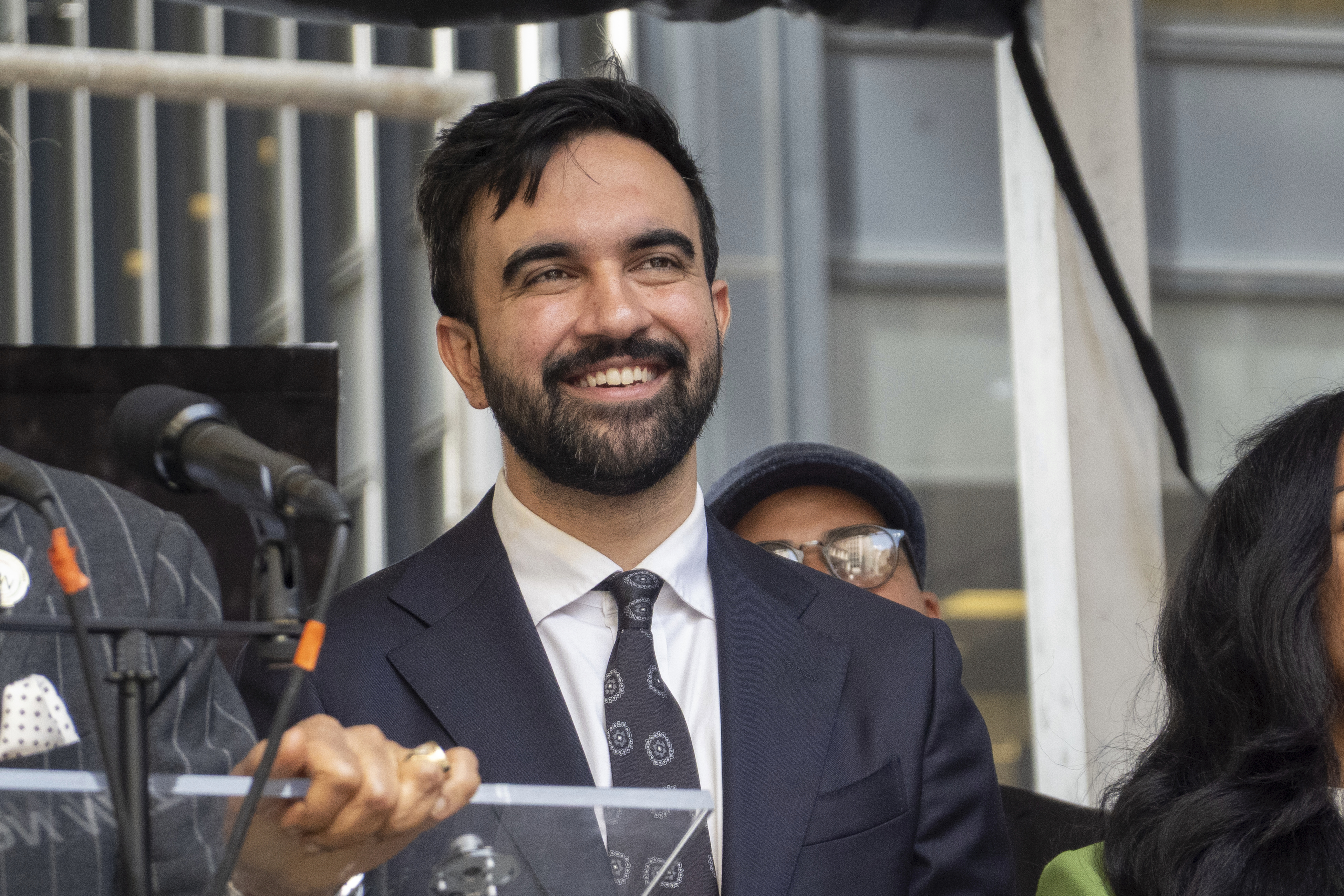 New York City Democratic mayoral candidate Zohran Mamdani is on stage at the March on Wall Street on Aug. 28, 2025, in New York. (AP photo/Ted Shaffrey)