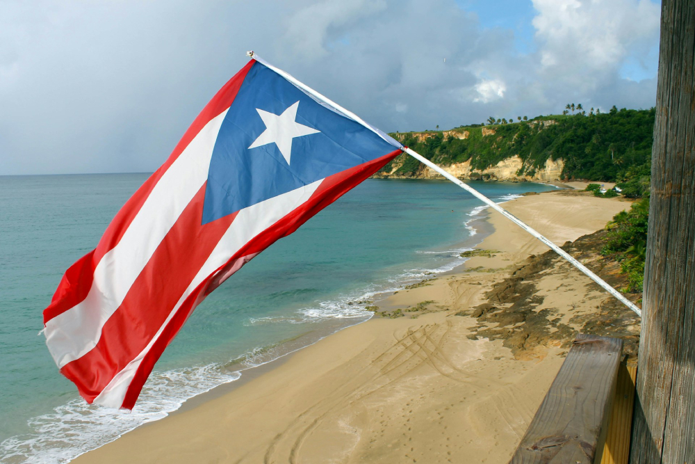 A Puerto Rican flag on the shore of a beach