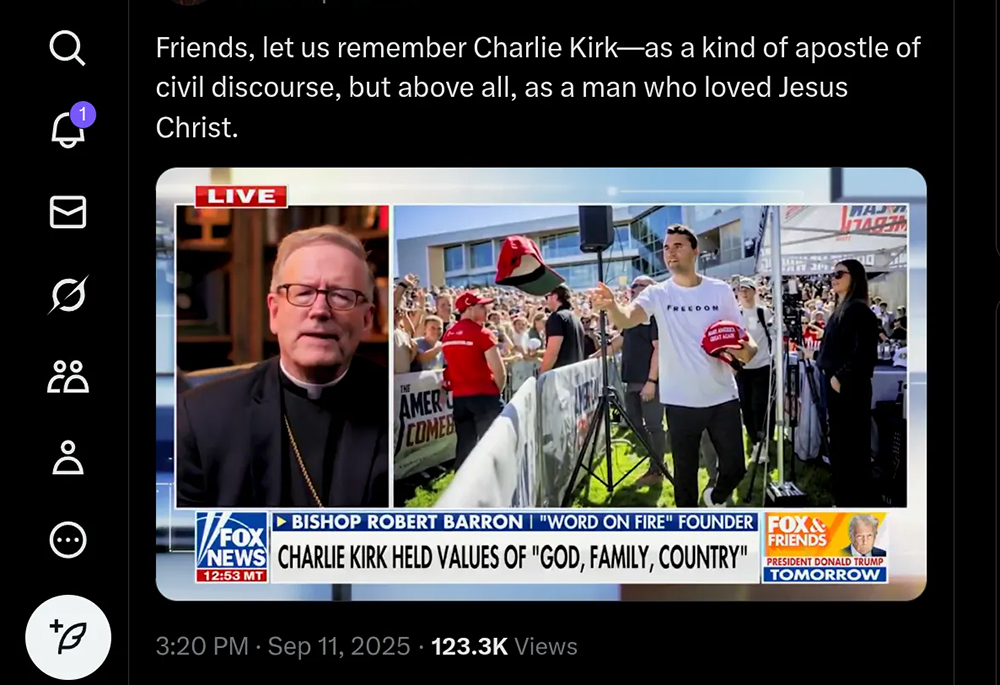 "Friends, let us remember Charlie Kirk — as a kind of apostle of civil discourse, but above all, as a man who loved Jesus Christ," Bishop Robert Barron wrote on social media Sept. 11. (Black Catholic Messenger/X)
