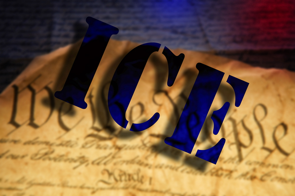 Illustration shows the initials ICE above the U.S. Constitution (Shutterstock/zimmytws)