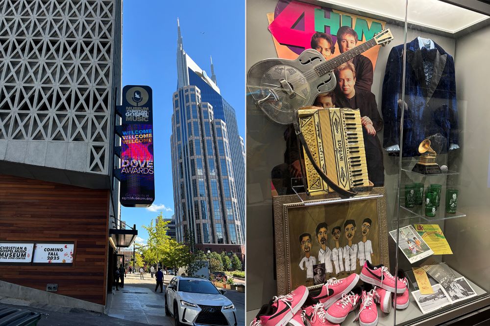 Signage, left, and a display, right, at the new Museum of Christian & Gospel Music, Oct. 1 in downtown Nashville, Tenn. (RNS/Bob Smietana)