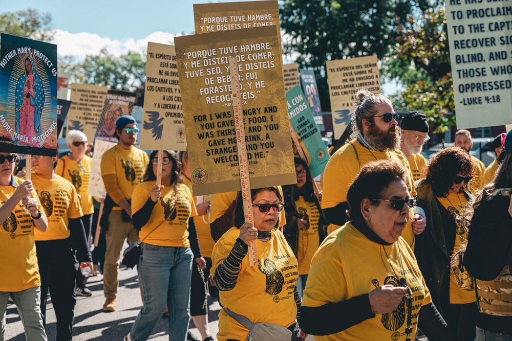 A group organized by the Coalition for Spiritual and Public Leadership marches to the U.S. Immigration and Customs Enforcement facility in Broadview, Illinois, Oct. 11. (RNS/Courtesy of Coalition for Spiritual and Public Leadership)