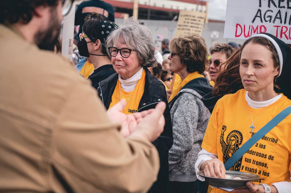 A group organized by the Coalition for Spiritual and Public Leadership distributes Communion near the U.S. Immigration and Customs Enforcement facility in Broadview, Illinois, Oct. 11, 2025. (Photo used with permission of the Coalition for Spiritual and Public Leadership)
