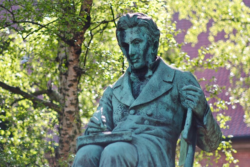 A bronze statue depicting Danish philosopher Soren Kierkegaard
