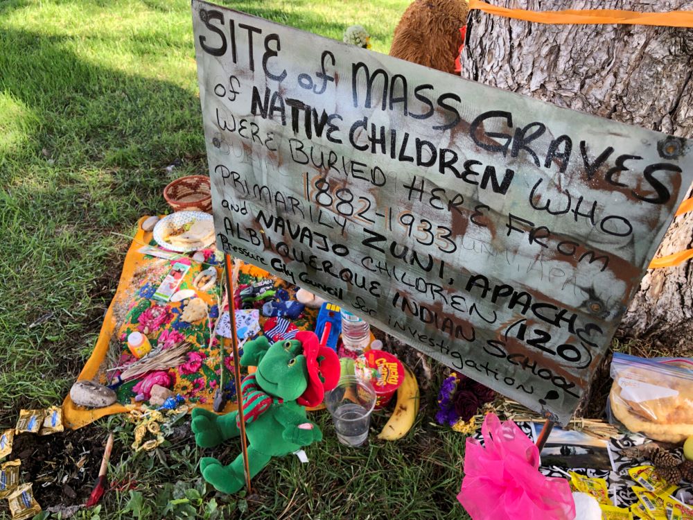 A makeshift memorial for Indigenous children. 