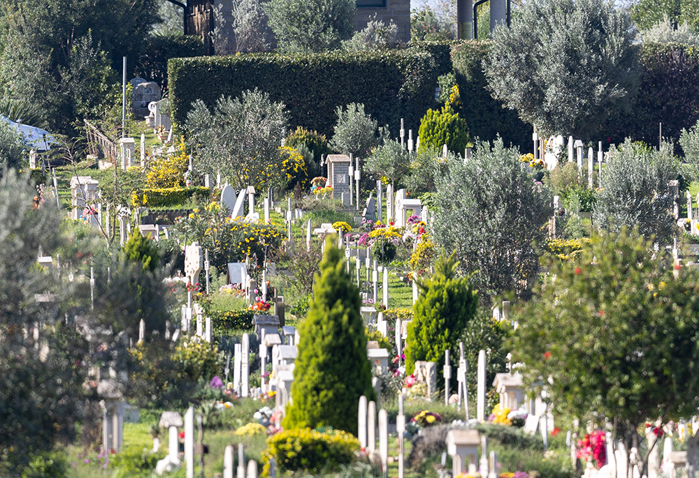 A view of Laurentino cemetery in Rome adorned with flowers and greenery on the feast of All Souls, Nov. 2, 2024. (CNS/Lola Gomez)