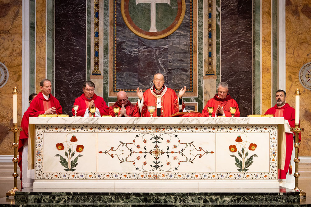 Washington Cardinal Robert McElroy, center, concelebrates the 73rd annual Red Mass at the Cathedral of St. Matthew the Apostle in Washington Oct. 5, 2025. Also pictured are Bishop Michael Burbidge of Arlington, Va.; Cardinal Christophe Pierre, the apostolic nuncio to the United States; Deacon Robert Vince who serves at the cathedral; Archbishop Timothy Broglio of the Archdiocese for the Military Services; and Washington Auxiliary Bishop Juan Esposito. (OSV News/John Carroll Society/Christopher Newkumet)