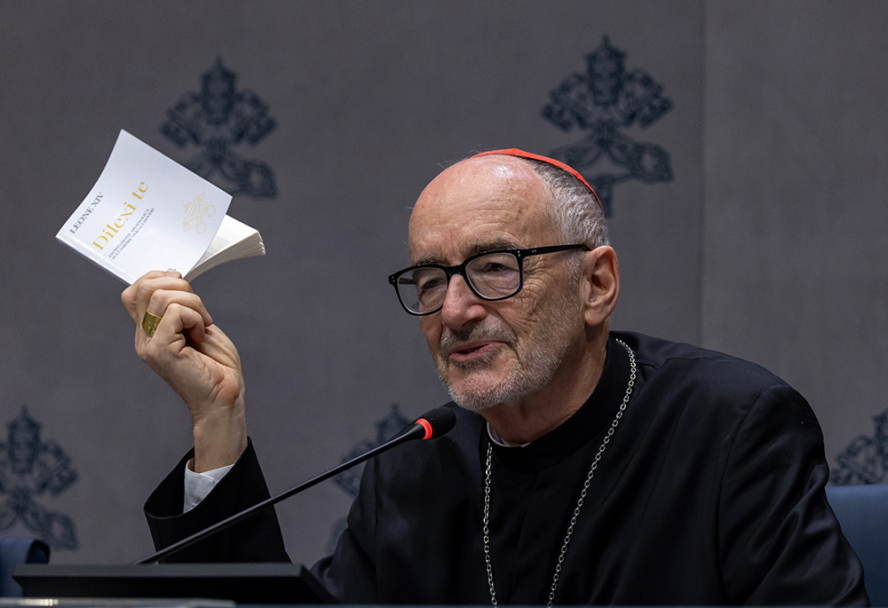 Cardinal Michael Czerny, prefect of the Dicastery for Promoting Integral Human Development, speaks at a Vatican news conference Oct. 9, to present Pope Leo XIV's apostolic exhortation Dilexi Te ("I Have Loved You"). (CNS/Pablo Esparza)