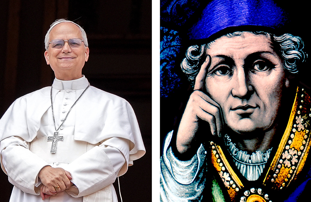 This is a combination of Pope Leo XIV looking out to the crowd from St. Peter's Basilica at the Vatican as he leads the "Regina Coeli" prayer for the first time May 11, 2025, and St. Augustine of Hippo depicted in this stained-glass art in Winnipeg, Manitoba. (OSV News photos/CNS photo/Crosiers/Lola Gomez)