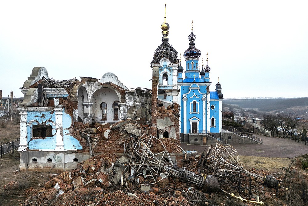 A church destroyed by a Russian attack on the village of Bohorodychne in Ukraine's Donetsk region is pictured Feb. 13, 2024. (OSV News/Reuters/Vladyslav Musiienko)