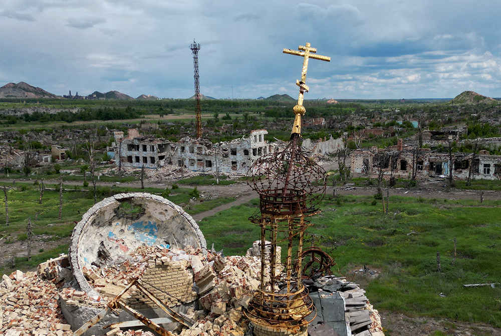 A drone view shows the ruins of a church and buildings in the village of Marinka (Maryinka) in the Russian-controlled Donetsk region of Ukraine May 15, 2025. The village was destroyed during the ongoing Russia-Ukraine conflict. (OSV News/Reuters/Alexander Ermochenko)