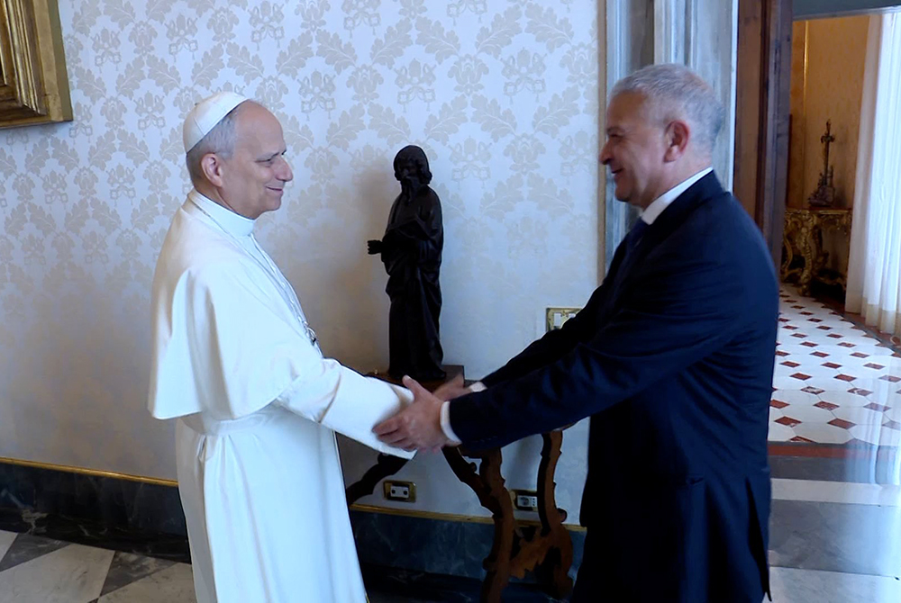 Pope Leo XIV is seen in a video clip greeting Pedro Salinas, a Peruvian journalist and abuse survivor, during an audience in the library of the Apostolic Palace at the Vatican Oct. 20, 2025. (CNS/screengrab from Vatican Media video)