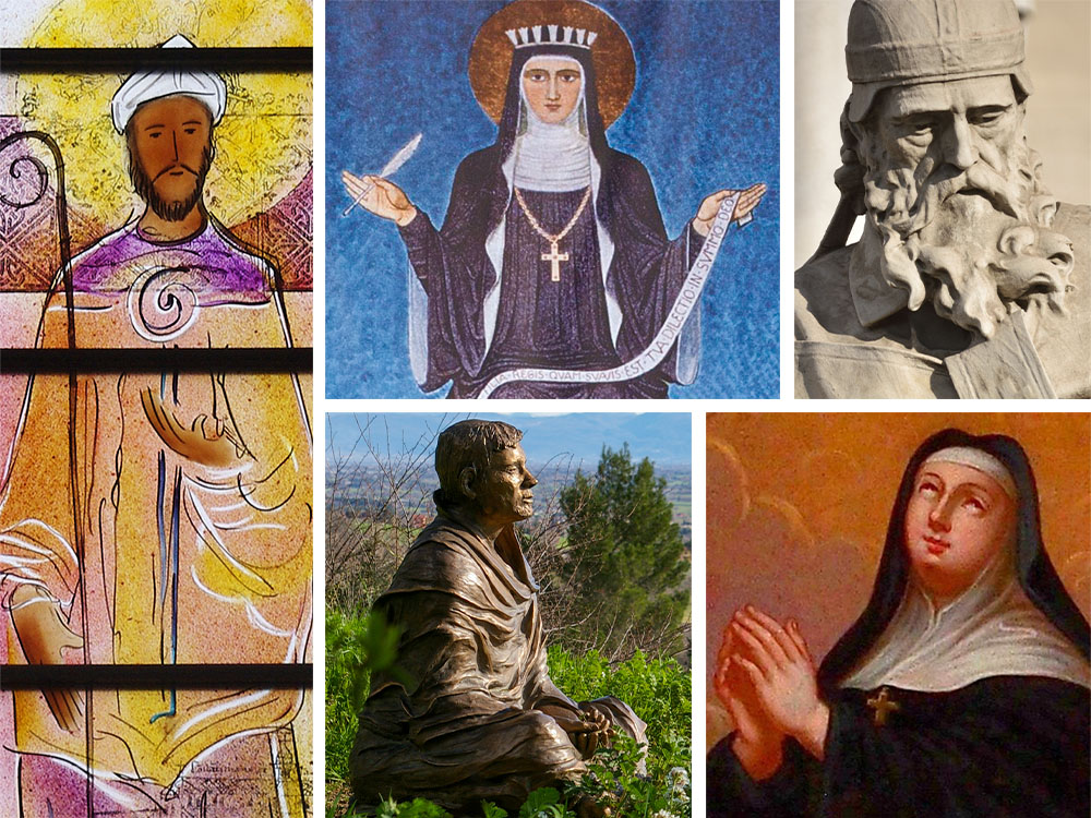 Clockwise from left, artistic depictions of: St. Augustine of Hippo (Wikimedia Commons/Nheyob); St. Hildegard of Bingen (CNS/Paul Haring); St. Isadore of Seville (Wikimedia Commons/Javier Perez Montes); St. Catherine of Siena (OSV News/Wikimedia Commons-cc 4.0); St. Francis of Assisi (NCR photo/Joshua J. McElwee)