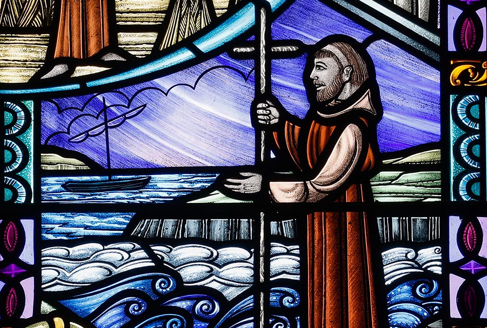 St. Colmcille, also known as St. Columba, is depicted in stained glass in St. Patrick's Cathedral in Armagh, Northern Ireland. (Wikimedia Commons/Andreas F. Borchert)