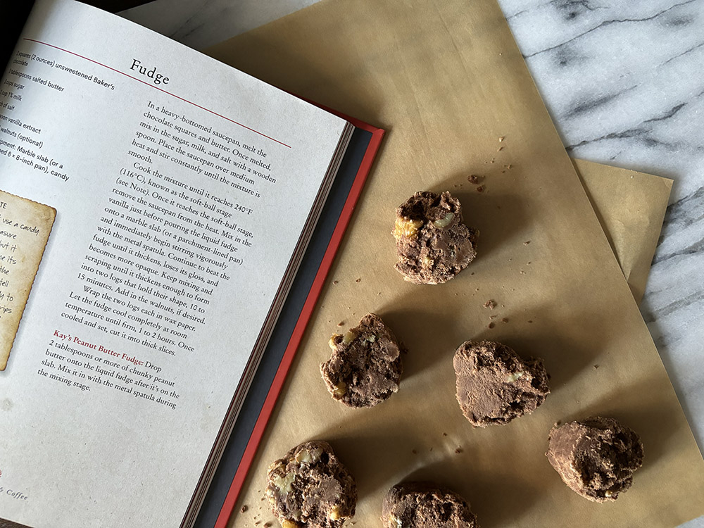 Kay's fudge and her recipe in To Die For: A Cookbook of Gravestone Recipes by Rosie Grant (NCR photo/Olivia Bardo)