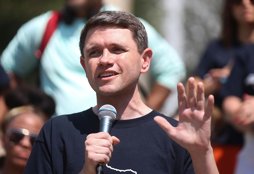 Texas Rep. James Talarico speaks at a rally Aug. 16, 2025, at Wrigley Square in Millennium Park in Chicago. (AP photo/Talia Sprague)