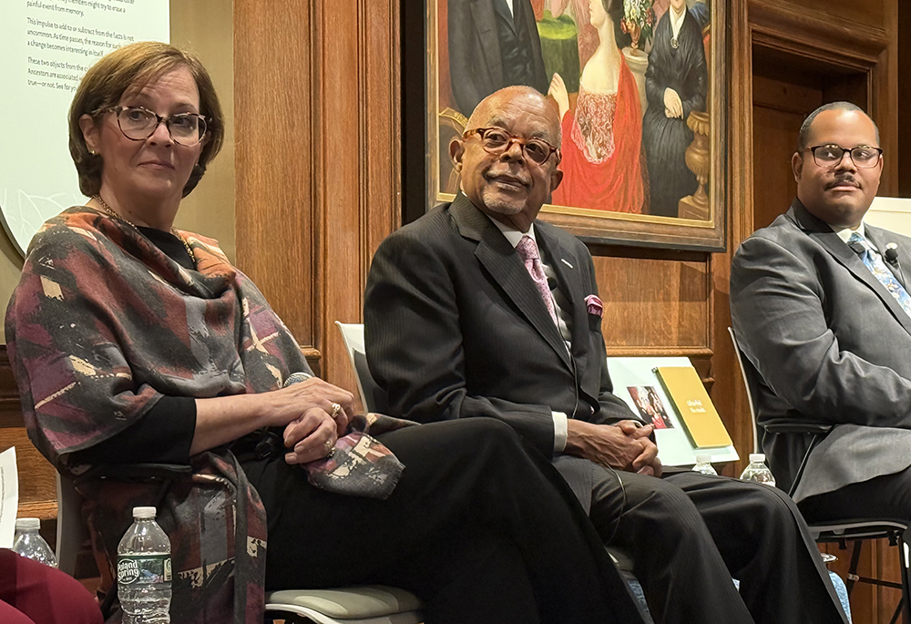 From left to right: Lourdes Del Pino, Henry Louis Gates Jr. and Jari C. Honora look on during an Oct. 3 panel discussion at the Family Heritage Experience exhibit, at the American Ancestors building in Boston. (NCR photo/Brian Fraga)