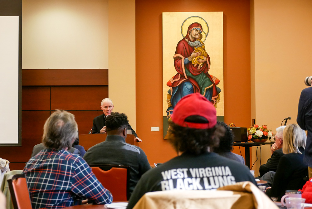 Bishop Mark Brennan of Wheeling-Charleston, West Virginia, speaks at a labor-and-environment conference Oct. 25 hosted by the Pittsburgh Diocese. (Pinnacle Productions)