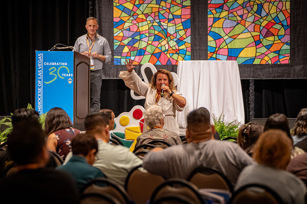 Renew's president, Joe Nuzzi, and its vice president of pastoral services, Meredith Augustin, speak at the Las Vegas 2025 Catechetical Conference Sept. 5. (Courtesy of Meredith Augustin)