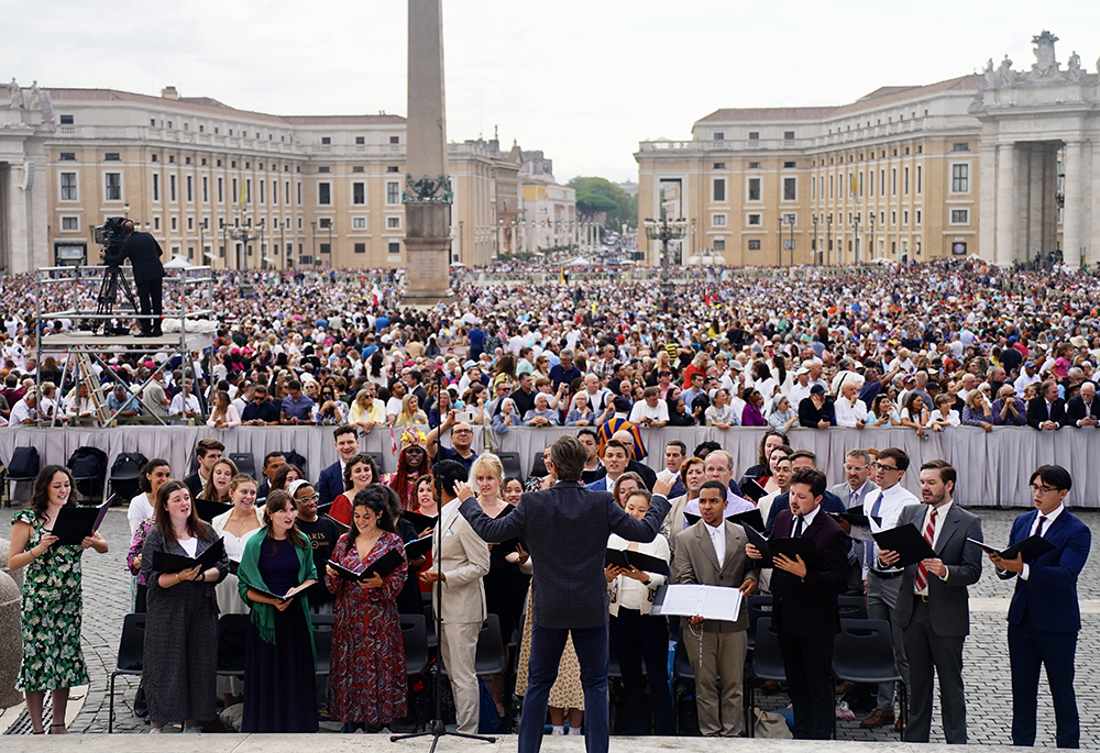 The choir of New York's Church of St. Paul the Apostle performs "Love More" below the main altar of St. Peter's Square, Sept. 24, 2025, at the Vatican. (Caitlin Long)
