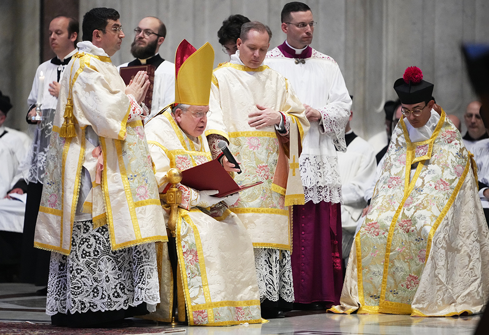 Cardinal Raymond Burke, sitting, delivers a speech as he celebrates the old Latin Mass for pilgrim in St. Peter's Basilica, at the Vatican, Oct. 25, 2025. (AP photo/Alessandra Tarantino)