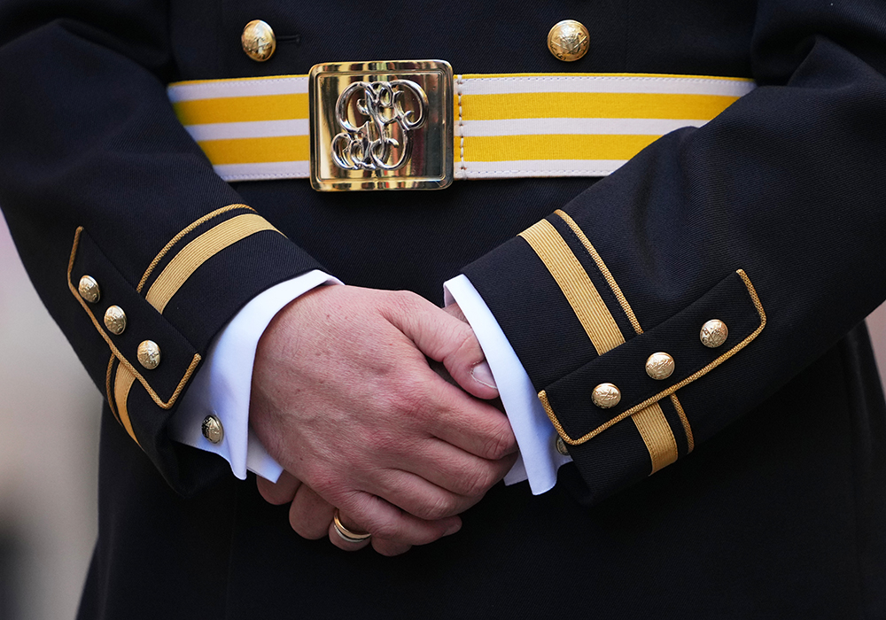 Capt. Lorenz Keusch poses for reporters during the presentation of the Swiss Guard Mezza-Gala uniform in the Swiss Guard Barracks at the Vatican, Oct. 2, 2025. (AP photo/Alessandra Tarantino)