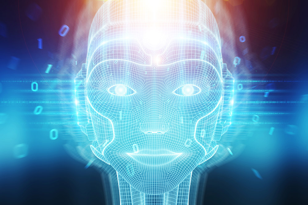 Digital face of blue light against a dark blue background (Dreamstime/Sdecoret)