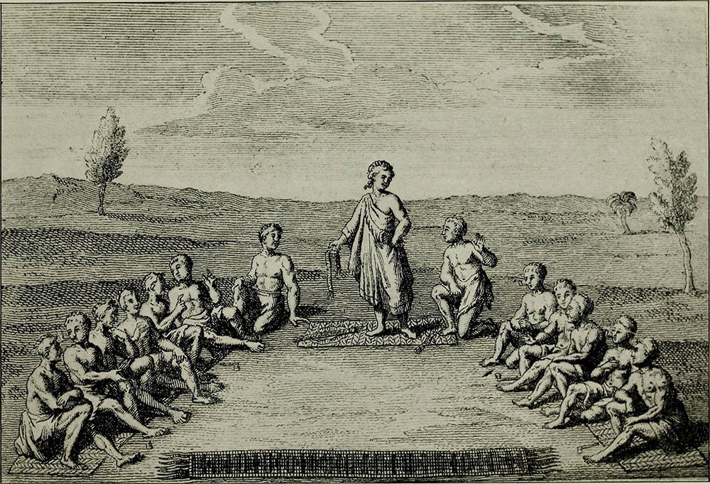 A 1724 French engraving depicts a gathering of the Iroquois Confederacy in North America. (Wikimedia Commons)
