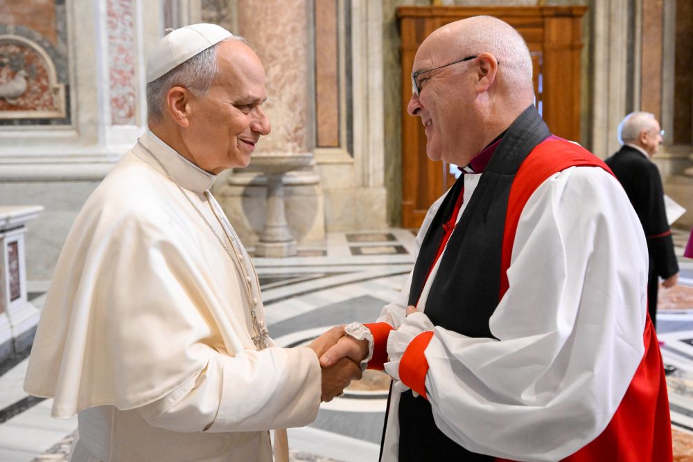 Pope Leo XIV greets Anglican Archbishop Stephen Cottrell of York. 