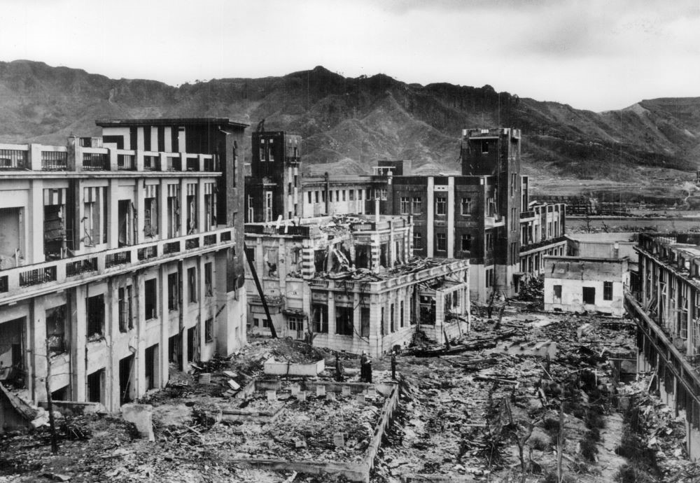 The city of Nagasaki, Japan, with buildings in ruins, four years after the U.S. detonated an atomic bomb over the city Aug. 9, 1945. 