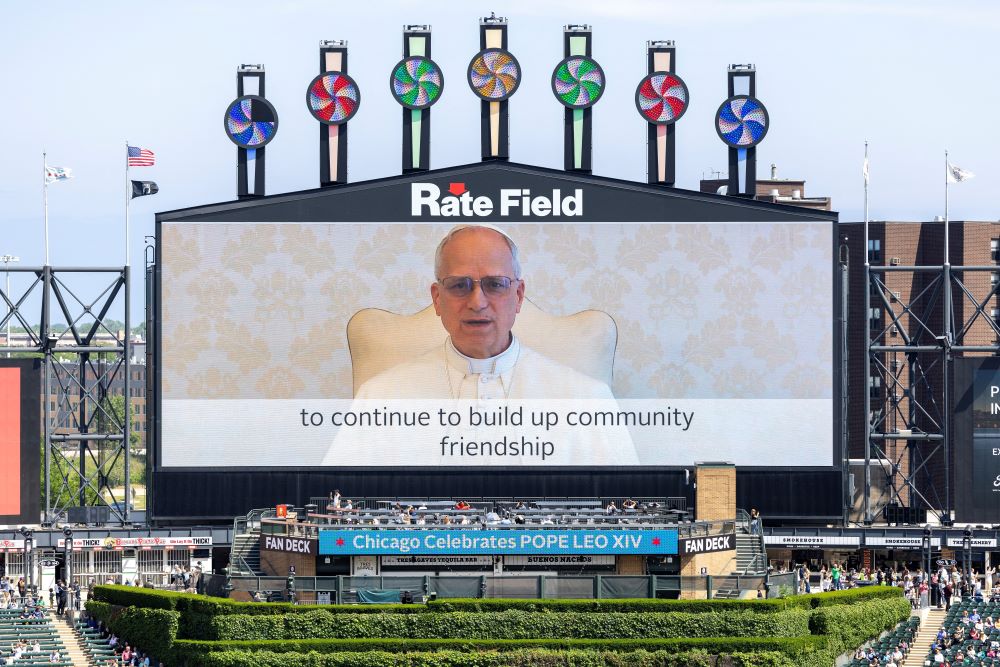 Pope Leo XIV delivers a video message during a public celebration hosted by the Chicago White Sox.