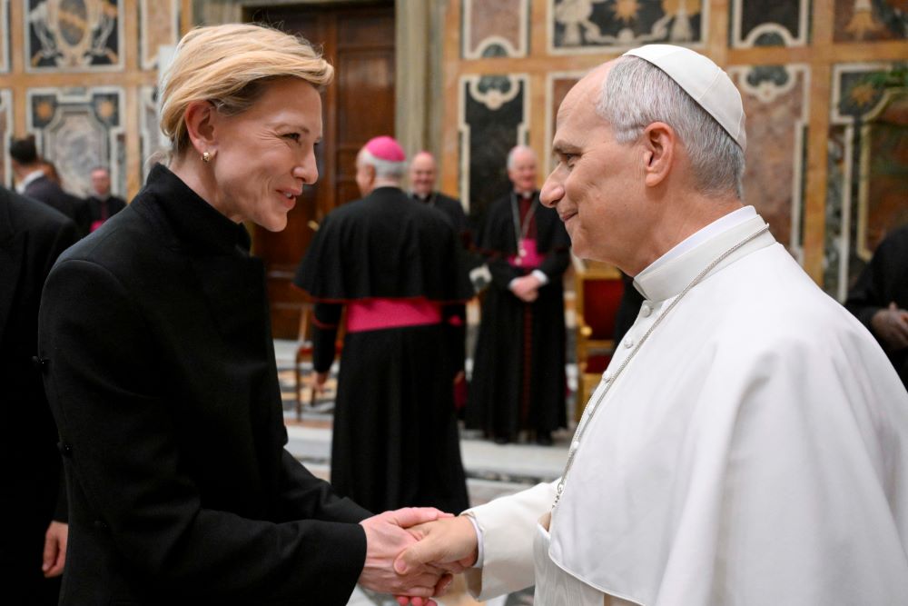 Pope Leo XIV greets Australian actor Cate Blanchett.