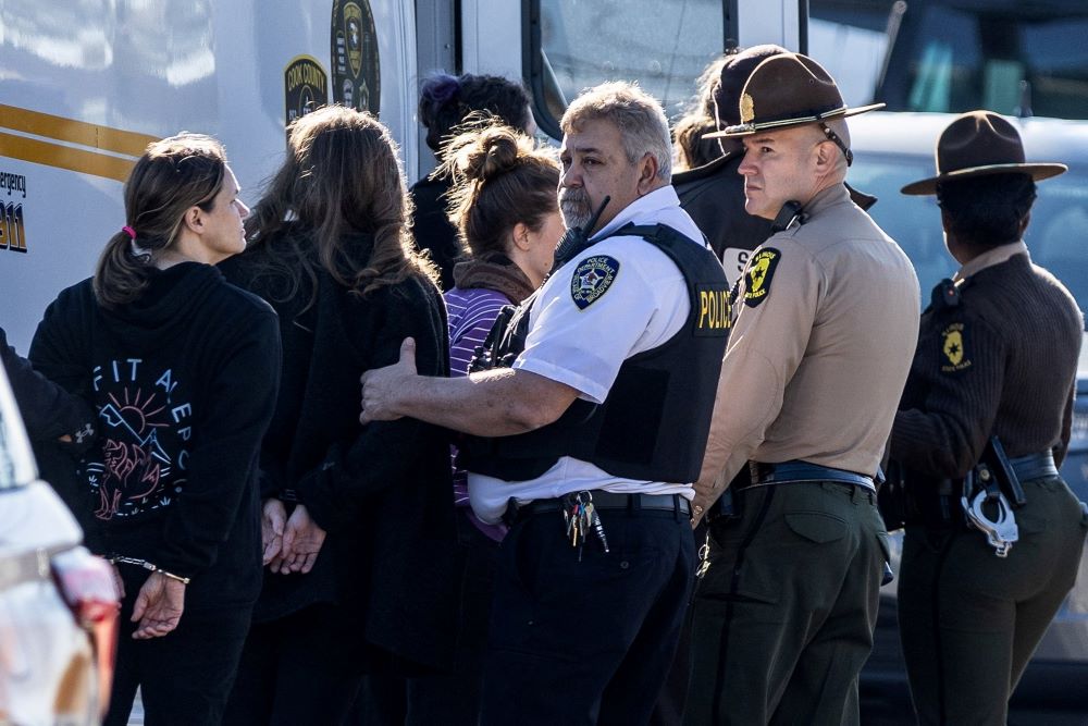 Officers from the Illinois State Police and the Broadview Police Department detain demonstrators during a protest against immigration actions outside the Broadview ICE facility in suburban Chicago Nov. 7. 