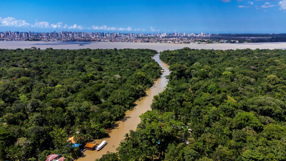 A drone view from Combu Island shows the city of Belém, Brazil.