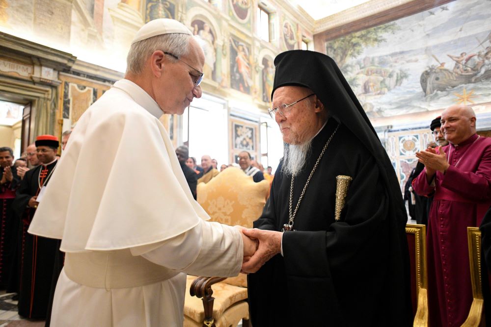 Pope Leo XIV greets Orthodox Ecumenical Patriarch Bartholomew of Constantinople at the Vatican May 19.