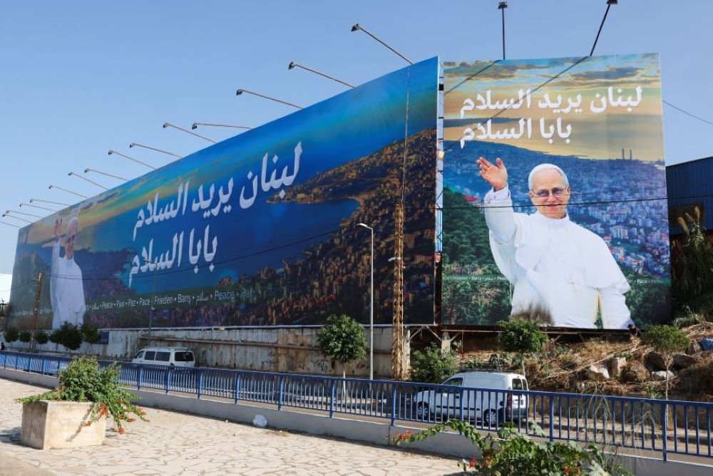 A billboard depicting Pope Leo XIV ahead of his planned visit to Lebanon stands along the main airport road in Beirut Nov. 21.
