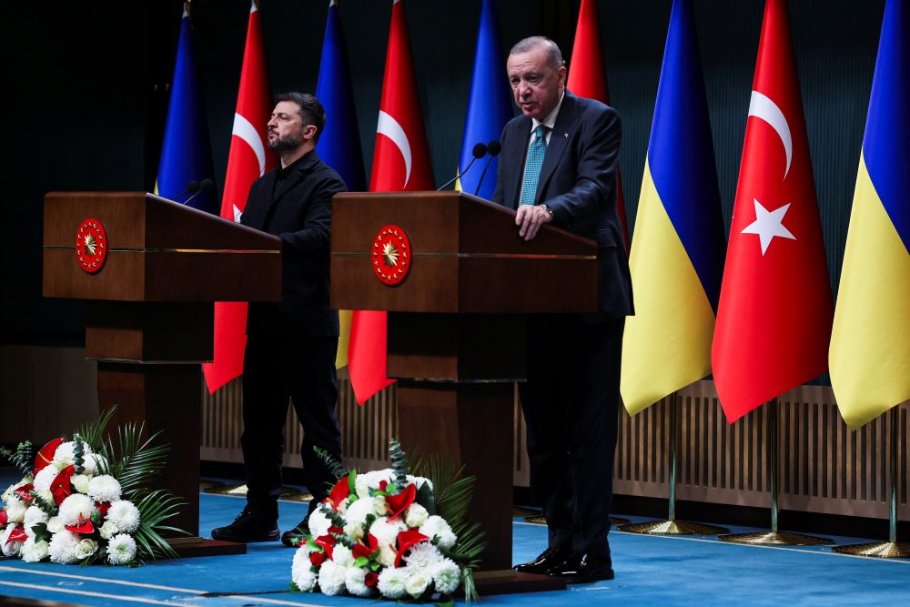 Ukrainian President Volodymyr Zelenskyy and Turkey's President Recep Tayyip Erdogan attend a joint press conference.