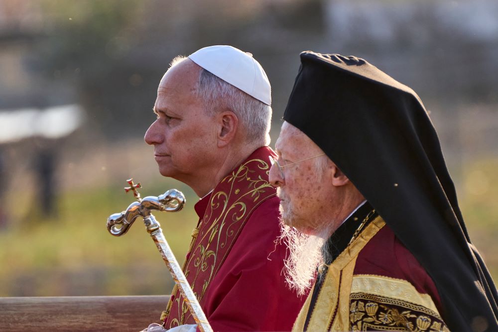 Pope Leo XIV and Ecumenical Patriarch Bartholomew I, right, leave at the end of an ecumenical prayer service near the archaeological site of the ancient Basilica of St. Neophytos in Iznik, Turkey, on  Nov. 28. 